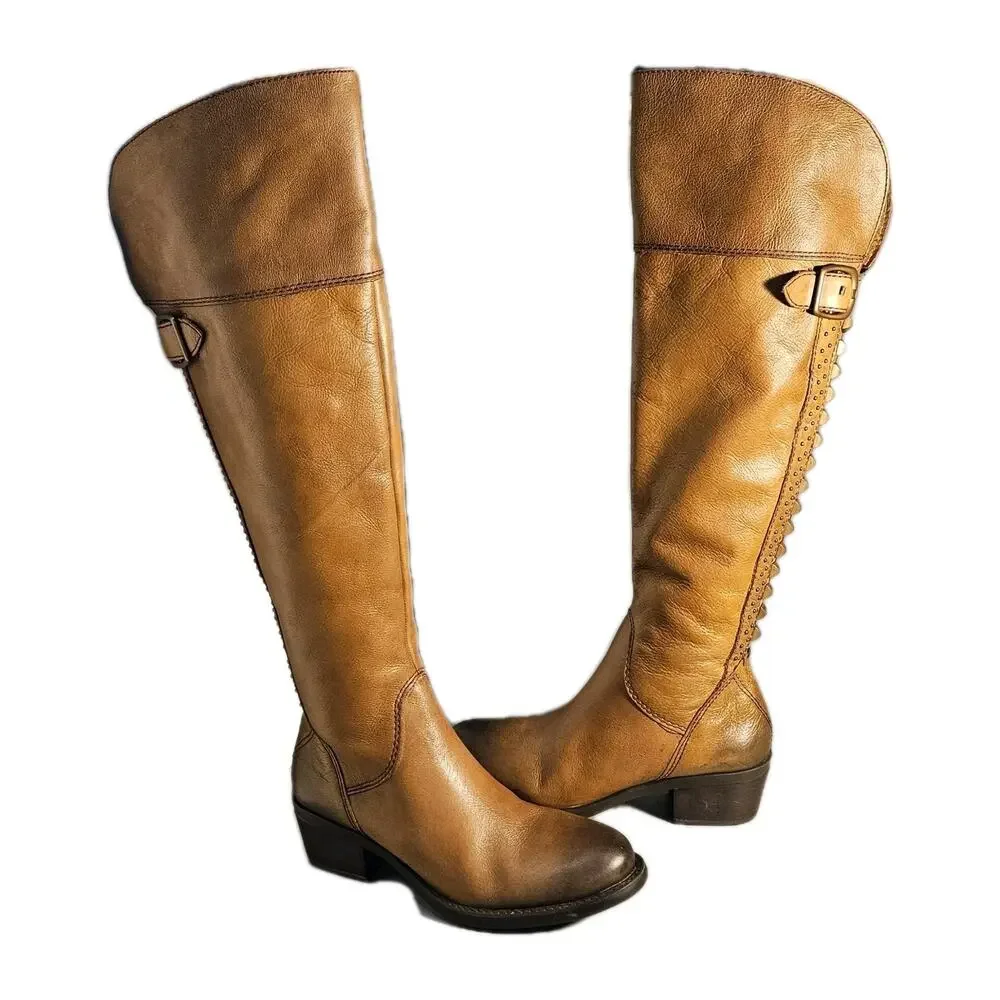 Vince Camuto Women Sz 5.5 M Over-the -knee BOLLO Moto -Boot Studs, Zip, Brown